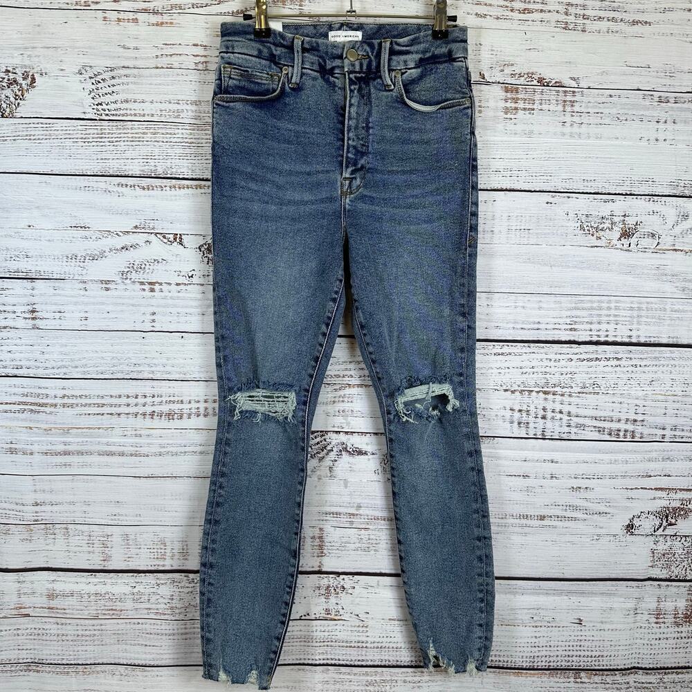 Good American Denim Jeans Good Waist Crop Distressed Skinny Blue NWT Womens 4/27